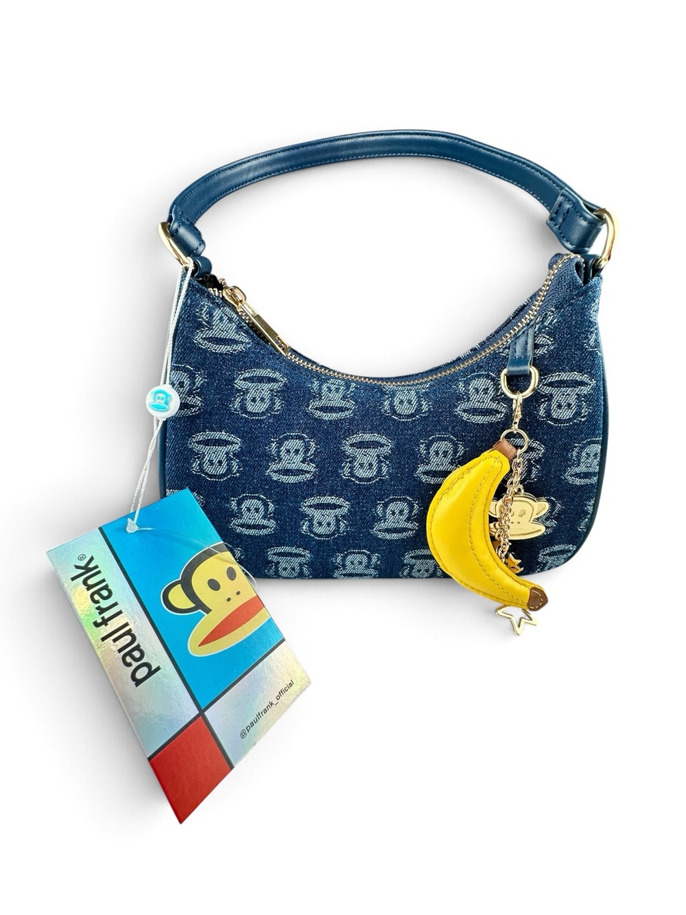 NWT Paul Frank Julius Monkey Dark Wash Denim Shoulder Bag Banana Charm